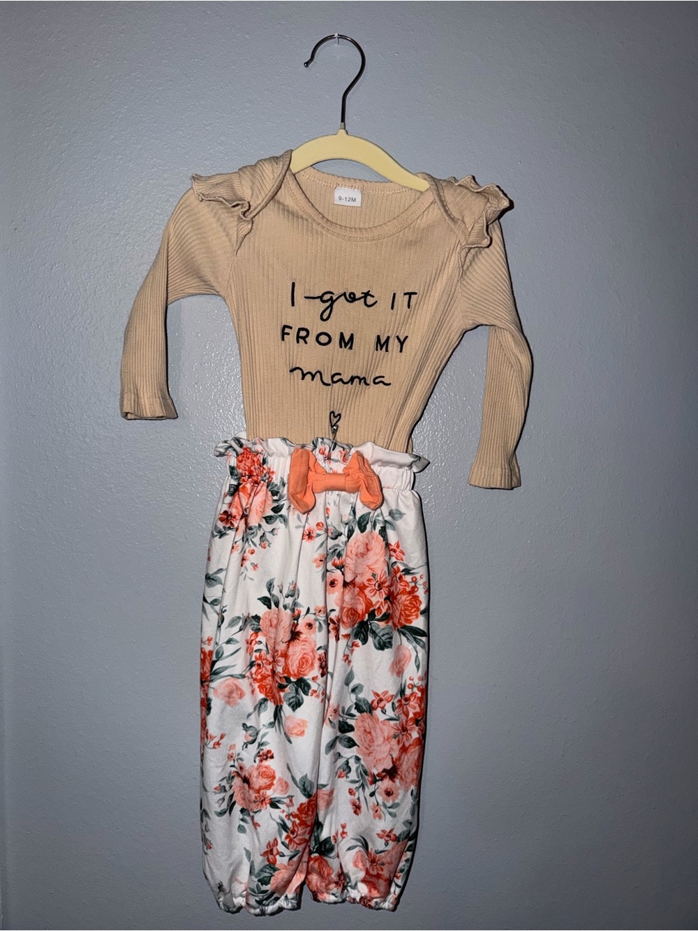 Beige Ribbed Top with White & Coral Floral Set